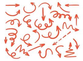 Red crayon arrow collection with diverse directional markers on white background. vector