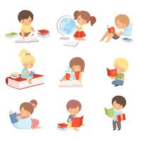 Kid Characters Learning to Read Illustrations Set vector