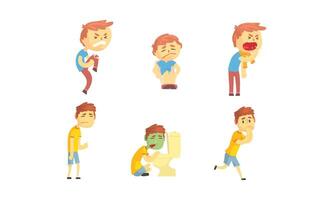 Sick Kid Character Suffering From Chickenpox and Stomachache Set vector
