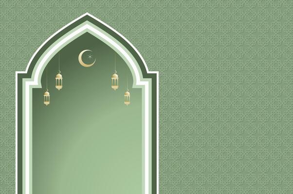 Islamic window with lantern and moon, ramadan background arch arabic on green color. Islamic celebration festival ramadan template with copy space.