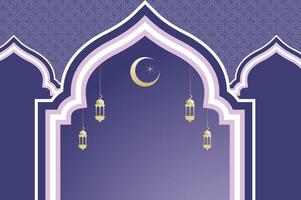 Islamic architecture window with lantern and moon, ramadan background arch arabic on violet color. Islamic ramadan celebration template with copy space. vector