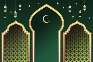 Islamic arch window with lantern and moon in gradient green, ramadan background arch arabic. Islamic celebration ramadan template with copy space. vector