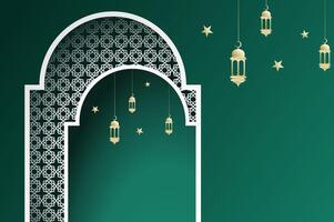 Islamic window with lantern and moon, 3D papercut gradient green color ramadan background arch arabic. Islamic celebration template with copy space. vector