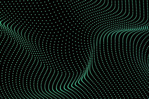 Abstract molecule background flowing dots particle wave light green isolated black background. Technology, biology, science and dynamic illustration concept.