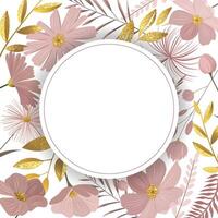 Botanical template with golden leaves and gentle meadow flowers. Round floral frame for greeting card, invitation. vector