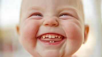 A baby laughing with a tooth in its mouth photo