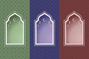 Islamic architecture window with lantern and moon, ramadan background arch arabic. Islamic ramadhan festival celebration template with copy space. vector