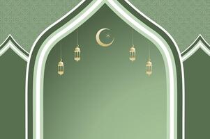 Islamic architecture window with lantern and moon, ramadan background arch arabic on green color. Islamic celebration ramadan template with copy space. vector