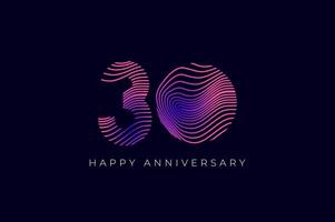 Numeric Design with Line Curve 30th, 30th Happy Anniversary with Gradient Colorful Line wave. Tech, futuristic and science concept vector