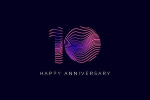 Numeric Design with Line Curve 10th, 10th Happy Anniversary with Gradient Colorful Line wave. Tech, futuristic and science concept vector