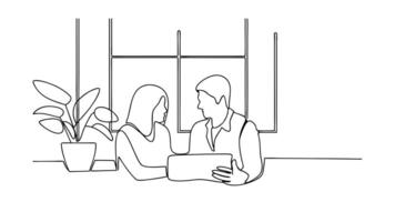 A minimalist line drawing depicts a man and woman in an office setting, seated at a table with a laptop, engaging in discussion near a window and plant. Simple, clean lines create the image. vector