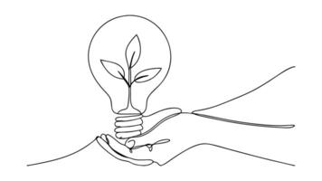 Oneline drawing of hands gently cradling a lightbulb containing a sprouting plant, symbolizing ecofriendly innovation and sustainable growth. vector
