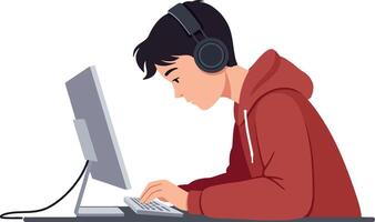 Young man in a red hoodie focused on typing at a desk with a computer in a flat illustration vector