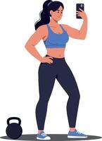 A fit woman taking a selfie in workout attire while posing confidently beside a kettlebell in a flat illustration vector