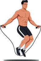 A muscular man jumping rope in a dynamic pose showcasing athleticism in a flat design style, emphasizing fitness and energy in art vector