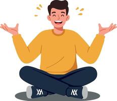Cheerful young man sitting cross-legged in a relaxed pose wearing a yellow sweater and smiling, minimalistic illustration vector