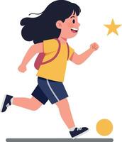 A cheerful girl running joyfully with a backpack while chasing a yellow ball in a playful flat illustration vector