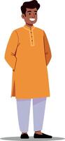 Young man wearing an orange kurta with a cheerful expression standing casually in a minimal flat illustration vector