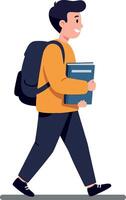 Young man with backpack walking cheerfully holding books in a flat, minimal design art vector