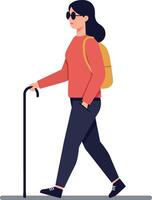 Woman walking confidently with a cane, wearing sunglasses and a backpack in a minimal and modern design style, illustration vector