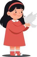 A cheerful girl in a red dress gently holds a white dove, showcasing a minimal and playful style in this art vector