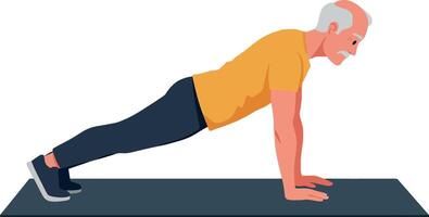 Elderly man performing a push-up on a yoga mat in a minimal flat design style art vector