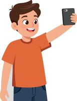 Happy boy taking a selfie with a smartphone in a cheerful, minimal style illustration vector