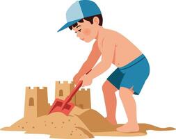 A young boy building a sandcastle on the beach while wearing a blue cap and shorts in a cheerful, playful atmosphere, flat art vector