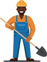 Construction worker in blue overalls holding a shovel in a cheerful pose, flat illustration showcasing dedication and hard work in a construction setting vector