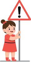 A cheerful girl in a red dress joyfully holding a warning sign while smiling, showcasing a flat design style in colorful illustration vector