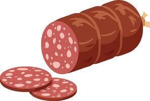 Sliced salami sausage alongside a whole log, featuring flat and minimal design elements in vibrant colors, perfect for culinary art vector