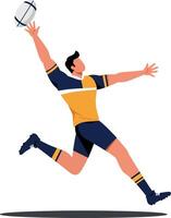 Dynamic rugby player in mid-leap wearing a vibrant blue and yellow uniform showcasing athleticism in a flat illustration vector