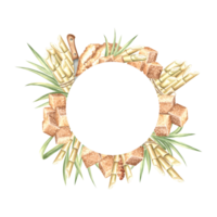 Sugar cane stalks with leaves and brown sugar cubes. Template postcard, border with copy space. Hand drawn watercolor illustration isolate. Round frame of plantation harvest. Clipart for food design. png