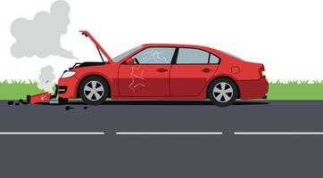 Red car with popped hood on a roadside, showcasing a flat design style in a mechanical failure scene, illustration vector