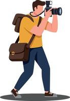 A young male photographer capturing images with a camera while walking in a vibrant flat design art vector
