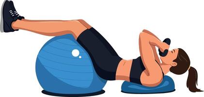 Fit woman exercising on a blue stability ball in a minimal design style showcasing strength and determination in illustration vector