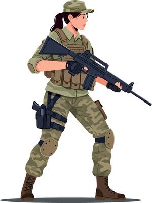 Female soldier in military camouflage uniform holding a rifle in a dynamic stance, flat design art