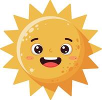 Cheerful smiling sun with a friendly face, bright yellow rays, and a playful cartoon style, exuding warmth and joy in vibrant art vector