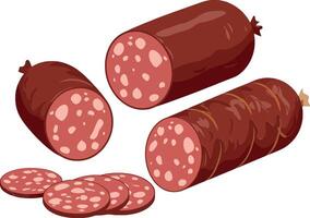 Delicious sliced salami sausages arranged in a flat design style showcasing rich colors and textures in vibrant art vector