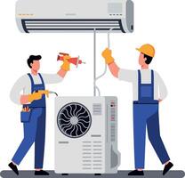 Two technicians working together to install an air conditioning unit in a flat and modern style illustration vector