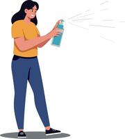 A woman holding a spray can in a bright yellow shirt, performing an artistic action in a minimal illustration vector