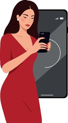 A woman in a red dress holding a smartphone against a large phone silhouette in a flat design illustration