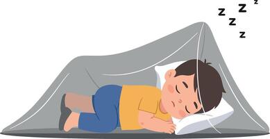A young boy peacefully sleeping under a grey blanket fort in a cozy environment, illustrated in a flat and colorful art style vector
