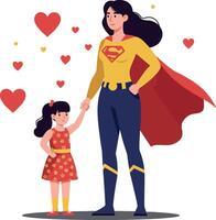 Superhero mother holding hands with her daughter in a colorful, flat design surrounded by floating hearts, showcasing love and empowerment in art vector