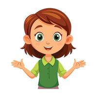 A flat illustration of a girl with an open hand, a brown face, and green clothes. vector