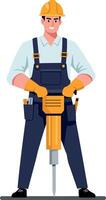 Construction worker in yellow hard hat using jackhammer in flat style with focus on determination and strength in action illustration vector