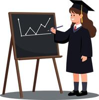 Young female graduate in cap and gown presenting data on a blackboard in a flat illustration style showcasing confidence and achievement in an educational setting art vector