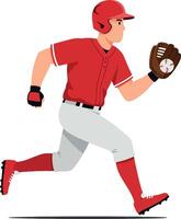 A baseball player in a red uniform sprinting across the field with determination and focus in a flat illustration vector