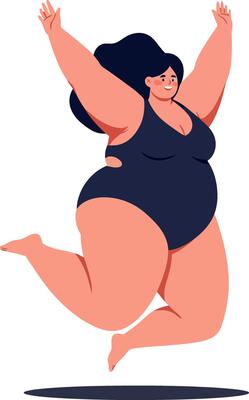 Joyful woman in a black swimsuit jumping with excitement in a bright and cheerful flat illustration