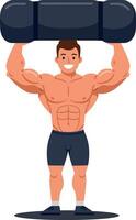 Muscular man lifting a heavy barbell with determination in a flat, bold design representing fitness and strength in illustration vector